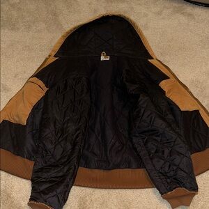 Carhartt 2-Tone Brown Canvas Hooded Bomber Jacket With Pockets, Quilted Interior